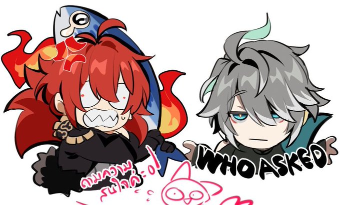 the image is a digital illustration of two anime characters.  the character on the left has red hair with fire flames and a fish in the background and is looking very angry and upset. the character on the right is a boy with white hair and blue eyes and is looking at the character on the left with an annoyed expression.  the text bubble says "who asked?".  the art style is chibi, which is a style of japanese cartoon art where characters are drawn with small, rounded features and large heads.