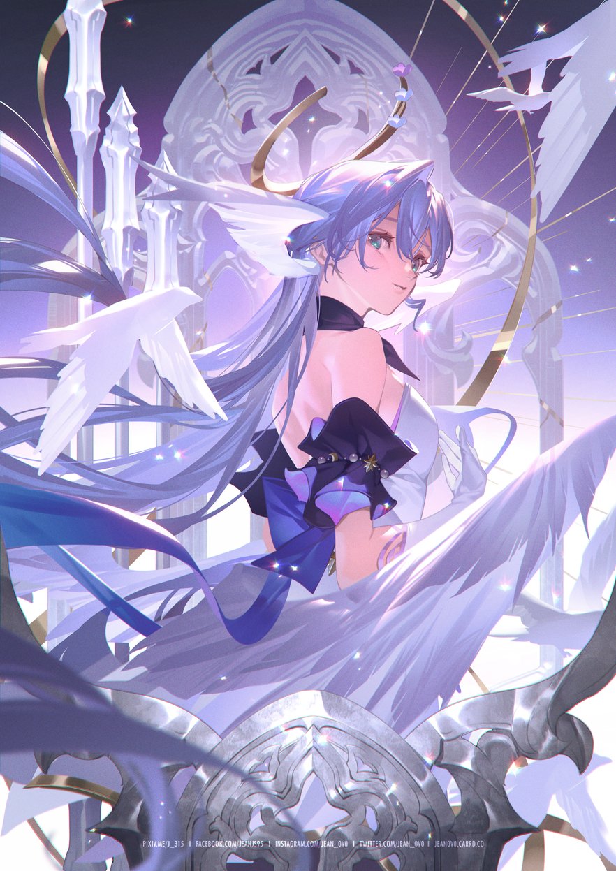 the image is a digital painting of a beautiful animestyle woman. she has long, flowing blue hair and is wearing a flowing white and purple dress. she has large, expressive eyes and a gentle expression.  she appears to be sitting on an ornate throne or chair with large, sculpted wings or aspects reminiscent of angelic imagery.  white birds or doves are fluttering around her, adding to the ethereal feel of the piece. the overall color palette is soft and pastel, with shades of purple, blue, and white dominating. the background is blurred but suggestive of a magical or heavenly setting. the style of the artwork is highly detailed and polished, suggestive of professional digital art or illustration.