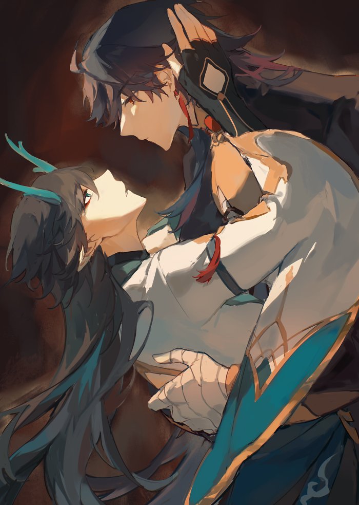 the image is a digital illustration of two anime characters, a male and a female, in a romantic