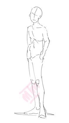 this is a simple line drawing of an anime character. they are standing with their hands in their pockets and their weight shifted to one leg. the drawing is done in black and white and is very simple.  it is a good example of a basic anime character pose.