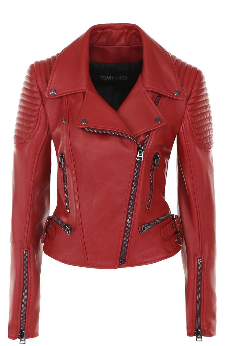 a vibrant red leather jacket is displayed on a white background. the jacket features an asymmetrical zipper closure, multiple zipped pockets, quilted shoulder detailing, and zipper detailing on the sleeves. the inside lining is visible with a black "tom ford" label. the jacket appears to be a highend fashion item with a classic moto style design.