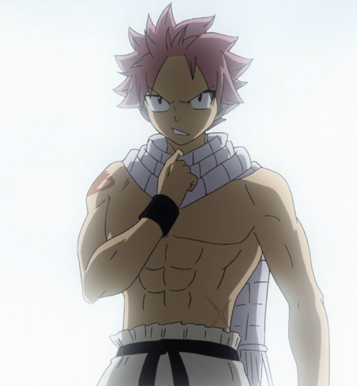 natsu dragneel, the main protagonist of the popular anime and manga series fairy tail, is shown with his signature pink hair and white scarf. he is wearing a black belt and has a serious expression on his face. the background is a white glow, emphasizing his powerful presence.