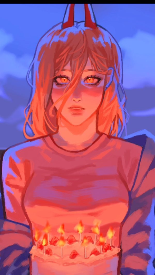 he image is a digital painting of a young animestyle woman with blonde hair and small red horns on her head. she is wearing a coralcolored longsleeved shirt and is holding a strawberry cake with lit candles. the background is a soft blend of blue and purple. the overall style is soft and dreamy, with warm lighting that highlights the subject. the woman's expression is serene and somewhat melancholic. the artwork is visually striking due to its use of color and light, creating a sense of warmth and mystery.