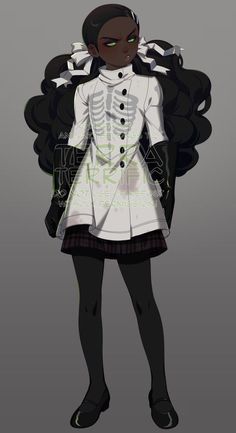 a black female character with short hair and green eyes is depicted in a stylized fashion.  she wears a white lab coat with a stylized ribcage design on the front. the coat is short, ending above her knees, and is worn over a black and white plaid skirt. she has black tights and black shoes. her expression is serious and she stands with her hands slightly out from her sides.  the background is a plain gray.  the character's overall aesthetic leans towards a gothic or edgy style with a touch of science fiction.