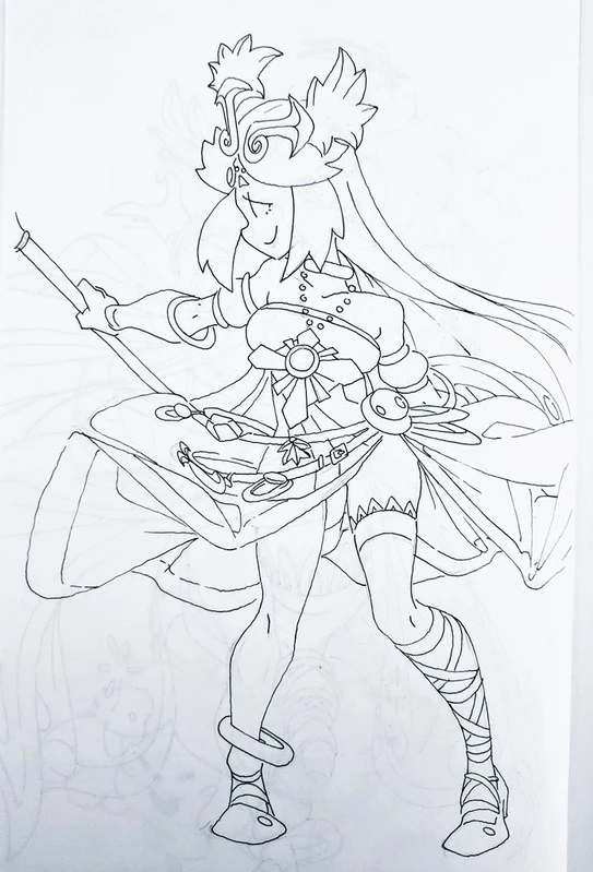 a black and white drawing of an anime female warrior character holding a sword. she has long hair and is wearing a dress and leggings. she appears to be in a fighting pose, with her sword raised. the drawing is in a style that is reminiscent of manga.