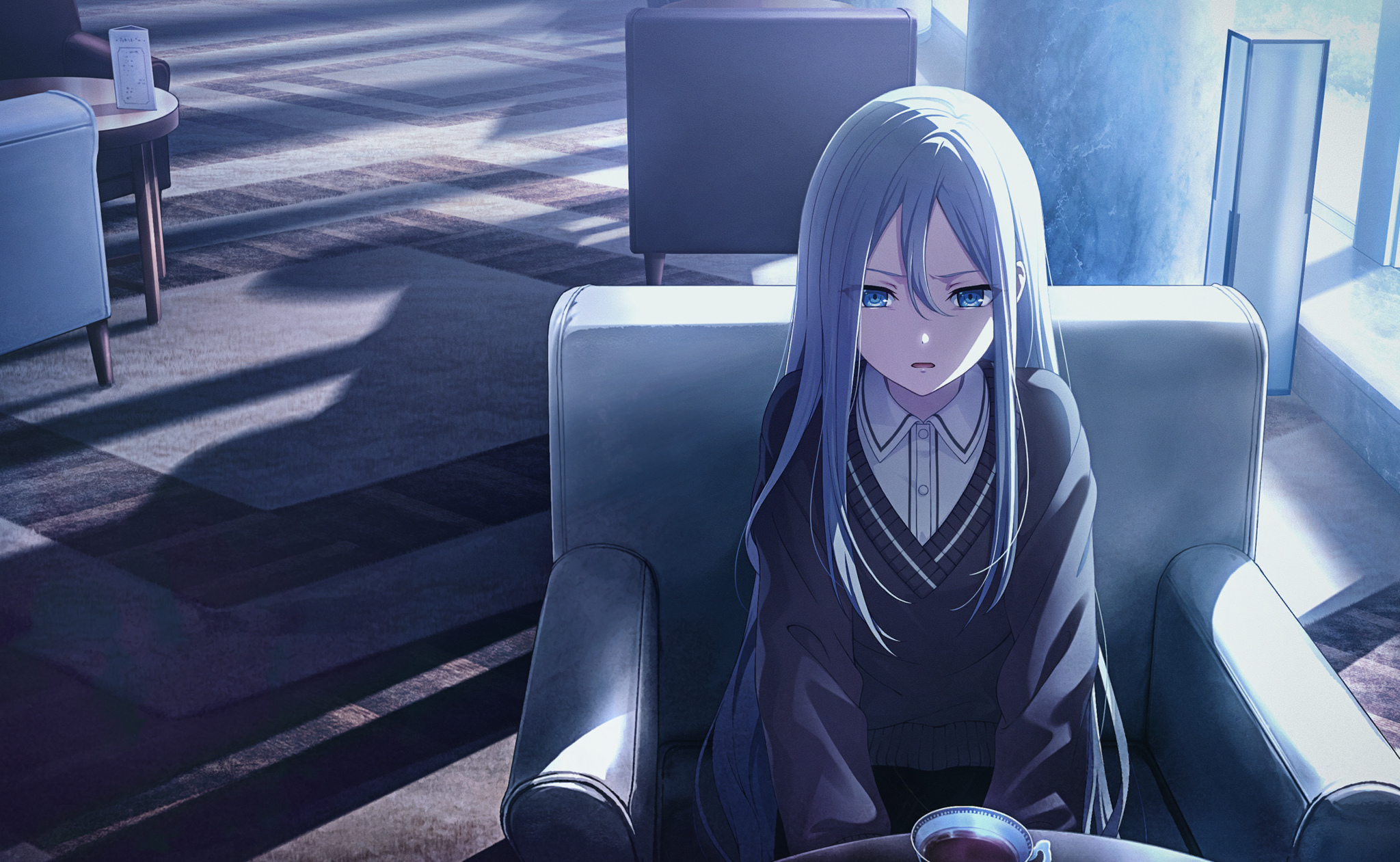 an anime girl with blue hair sits in a chair looking sad. she is wearing a vneck sweater and collared shirt. sunlight streams through a window, creating shadows on the carpet. a coffee cup sits on a table nearby.