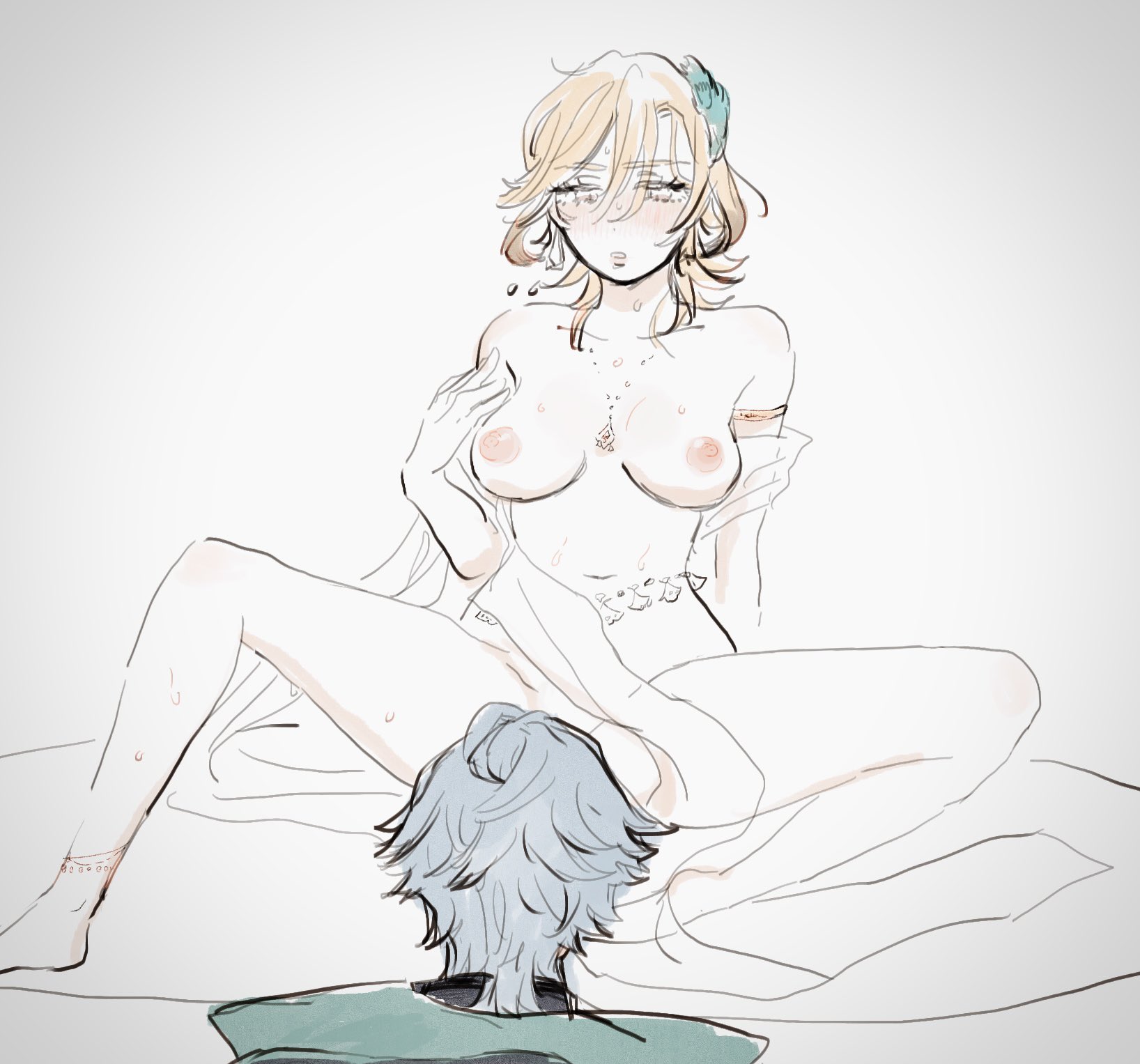 a cartoon style image of a nude woman sitting on a bed with her legs spread open and a nude man looking at her from the floor.
