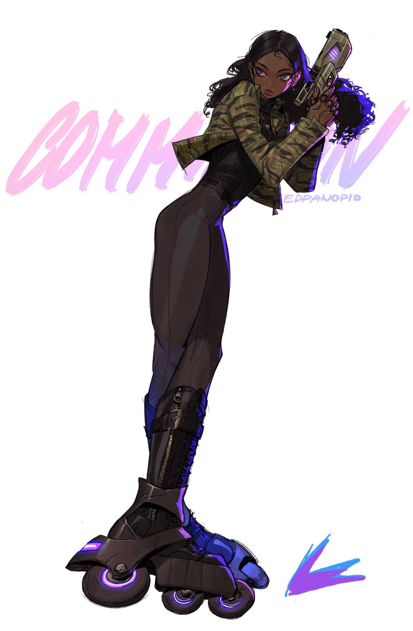 the image is a digital illustration of a stylized female character. she has dark skin and long dark hair, and is wearing a camouflage jacket, dark pants, and futuristic roller skates with glowing purple accents. she's holding a pistol and is depicted in a dynamic, actionoriented pose, suggesting movement and speed. the art style leans towards anime or manga, with strong linework and vibrant color choices, particularly the purple accents.  a graffitistyle text element ("coykiv") is present along with the artist's signature ("edpanopio").  a small purple and blue trail effect is depicted below her roller skates, implying motion. the overall aesthetic combines elements of cyberpunk and action themes.