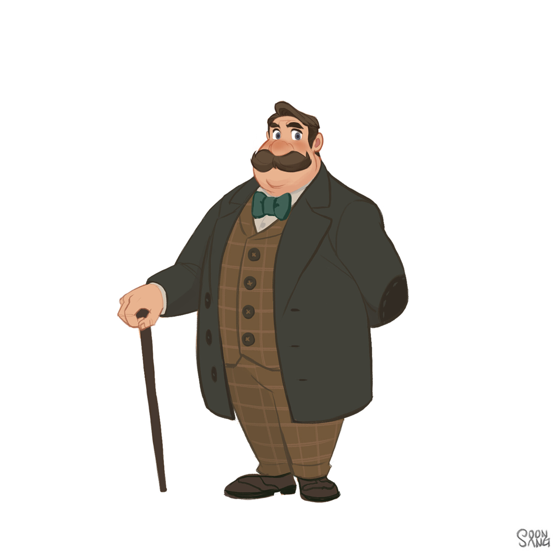 a cartoon illustration of a portly man with a mustache, wearing a green suit and bow tie, holding a cane.