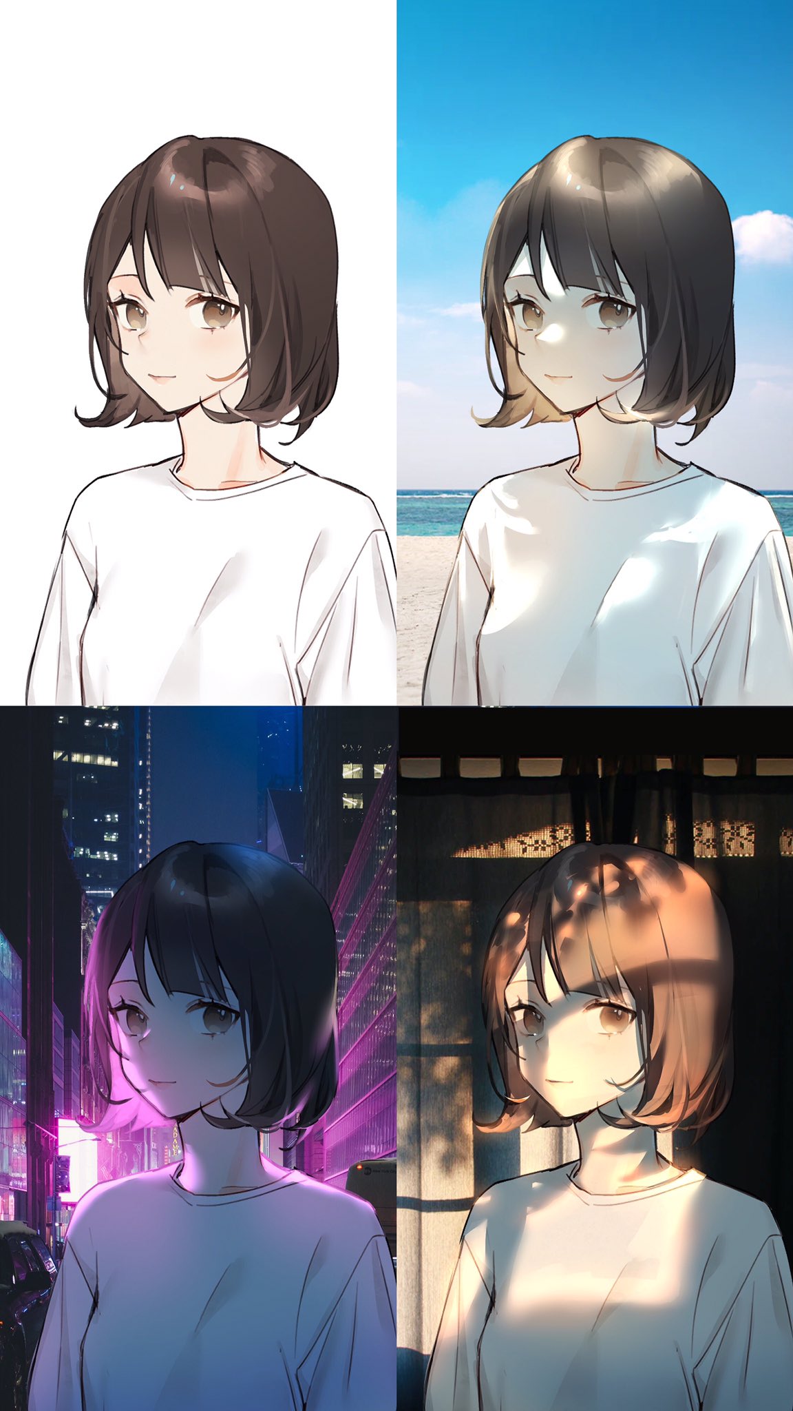 this is a digital illustration of an anime girl with short brown hair and brown eyes. she is wearing a white shirt. she is shown in four different scenes, one in front of a white background, one in front of a beach with a blue sky, one in front of a cityscape with neon lights, and one in front of a window with the sunset shining in.