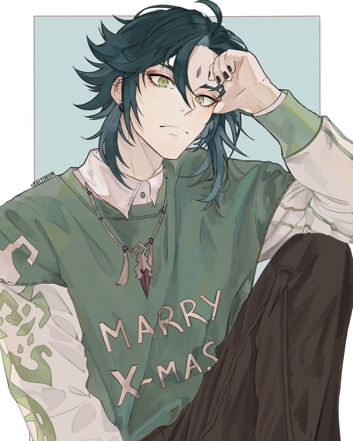 the image is a digital fanart depicting a stylized animestyle male character. he has long, tealgreen hair and is wearing a loosefitting, green christmas sweater with "marry xmas" printed on it.  the sweater has offwhite long sleeves with green detailing. he also wears dark pants and a necklace with a distinctive pendant. his posture is relaxed, with one hand resting on his head. the art style is soft and detailed, with a focus on the character's expressive eyes and detailed hair. the overall aesthetic is calm and slightly melancholic. the background is a simple, pale bluegreen.