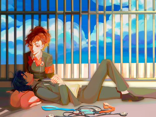 this is a digital illustration of a cartoon style anime couple. the girl is leaning on a boy as they are looking at each other. the boy is lying on the floor in front of a window with bars on it. the girl is standing next to the boy looking down at him with a sweet smile. the girl is wearing a red and black school uniform, with a white collar. the boy is wearing a dark gray suit with a white collared shirt and a white tie. the background is a cityscape with a bright blue sky with white clouds.