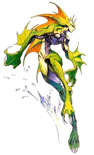 a green and yellow creature with a long, flowing tail. it has fins on its arms and legs and a fin on its back. the creature is in midair, leaping from a splash of water. the creature is drawn in a cartoon style.