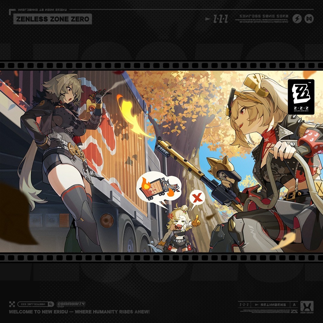 the image is promotional artwork for the video game zenless zone zero (zzz). it showcases three female characters in anime/manga style.  two are prominently featured in the foreground: one appears to be using a flamethrower or similar weapon against a truck that is on fire, while the other seems to be aiming a longbarreled weapon.  a smaller character is visible in the background, watching. the setting is a postapocalyptic or futuristic cityscape, with autumnal trees in the background, suggesting a mix of urban and natural elements. the overall style is dynamic and actionoriented, highlighting the game's atmosphere and characters.  the zzz logo and game title are clearly visible.
