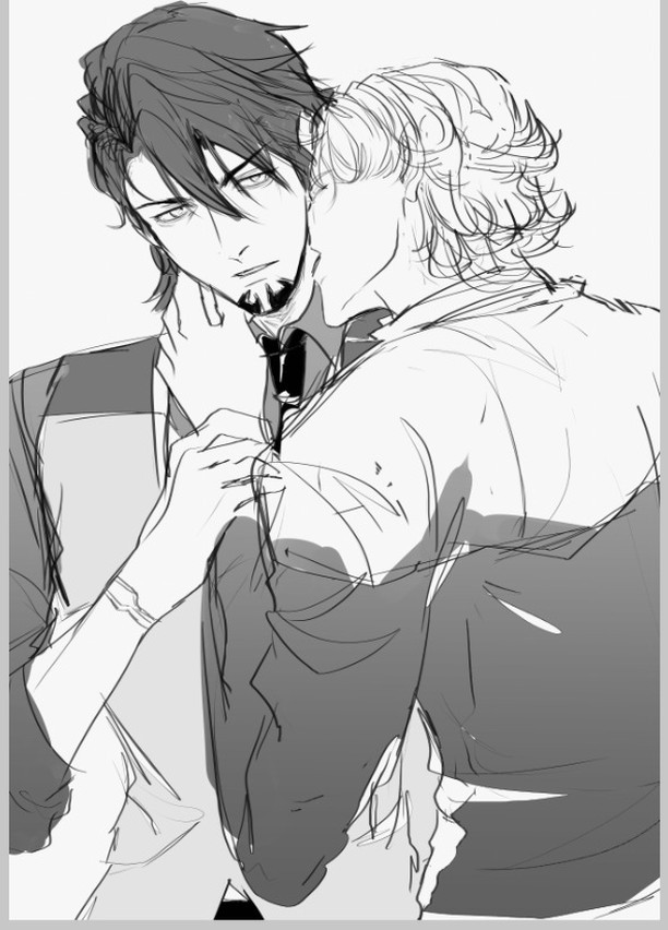 this is a black and white drawing of two young men hugging each other. the man in the foreground