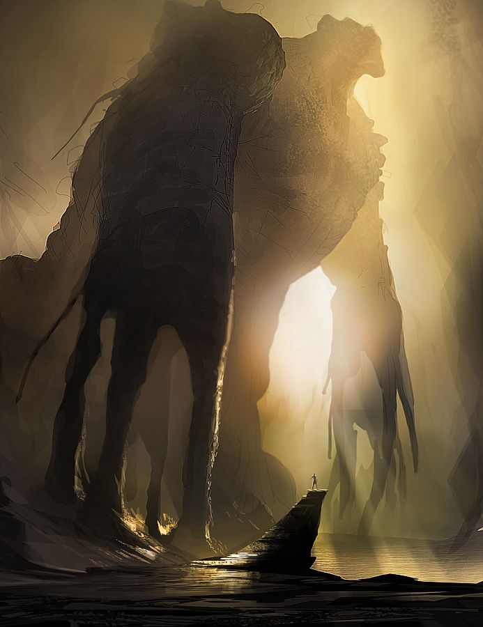a digital art image depicts a colossal, shadowy giant looming over a tiny human figure standing on a rocky promontory. the giant's shape is vaguely humanoid with long, spindly limbs. light emanates from behind the giant, creating a silhouette effect and highlighting the disparity in size between the creature and the human. the scene is set in a fantastical landscape near a body of water, possibly a lake or sea. the overall tone is mysterious and evocative of adventure.