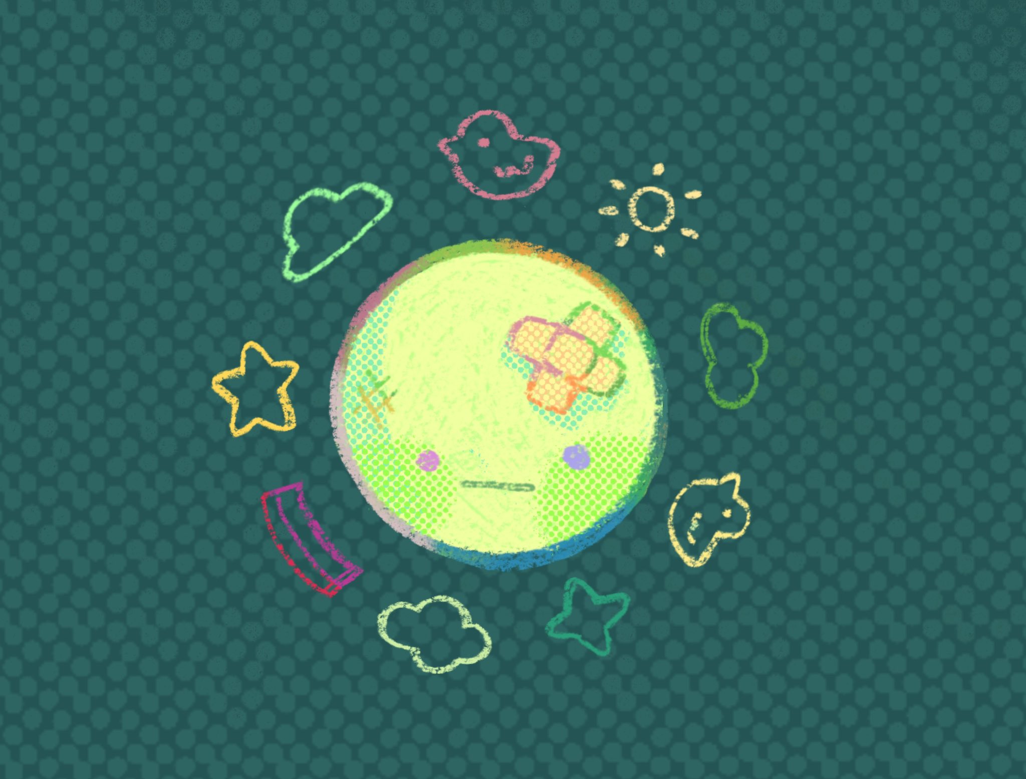 the image is a whimsical illustration that looks like a child's drawing. it features a large, light green circle in the center, resembling a planet or moon, with a simple, happy face drawn on it.  surrounding the central circle are smaller drawings of various things: clouds, stars, a sun, and small, simplistic animals or shapes.  the style is reminiscent of crayon or chalk drawings, with a textured, pastel color palette.  the background is a dark teal, textured like a chalkboard or speckled paper. the overall mood is lighthearted and cheerful.
