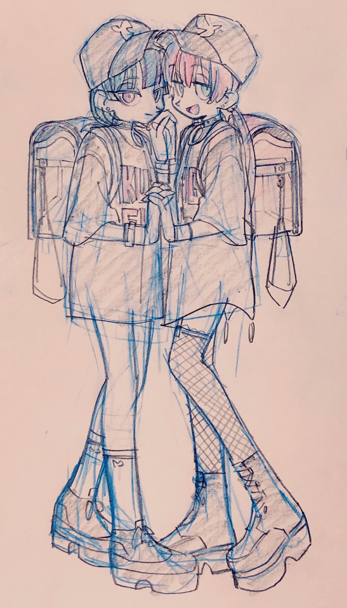 a bluetoned sketch of two people, likely designed as twins or close friends, posing together.  they are drawn in a stylish, slightly edgy fashion reminiscent of y2k and egirl trends. they wear matching outfits including baseball caps, graphic shirts, and platform shoes. one of them is wearing fishnet tights. both have backpacks slung over their shoulders. the sketch seems to emphasize their confident and cool demeanor.