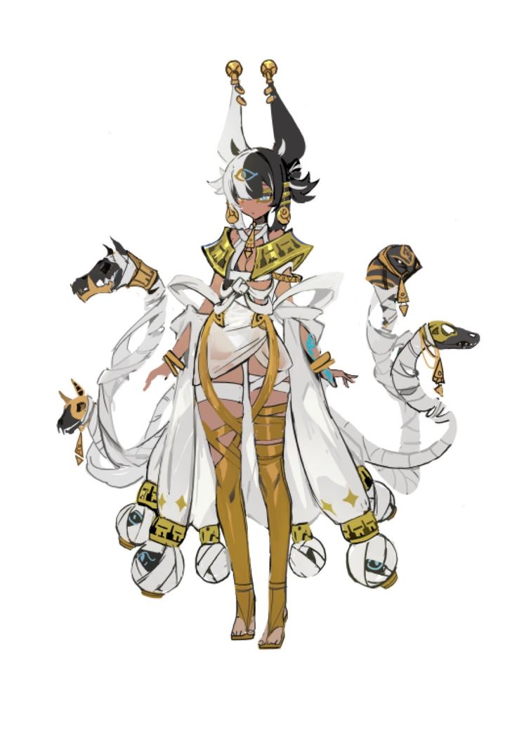the image depicts a stylized anime or mangastyle character design. the character appears to be a female fantasy character inspired by egyptian mythology. she has dark skin and bicolored hair (black and white), wearing a long white robe adorned with gold details. the robe is reminiscent of ancient egyptian clothing.  she has several accessories and adornments including a headdress with what appears to be udjat eyes, and her arms are surrounded by mummified jackals and snakes.  the overall style is elegant yet fantastical, with a blend of delicate lines and bolder colors. the artwork looks like concept art or an illustration from a game or animation.