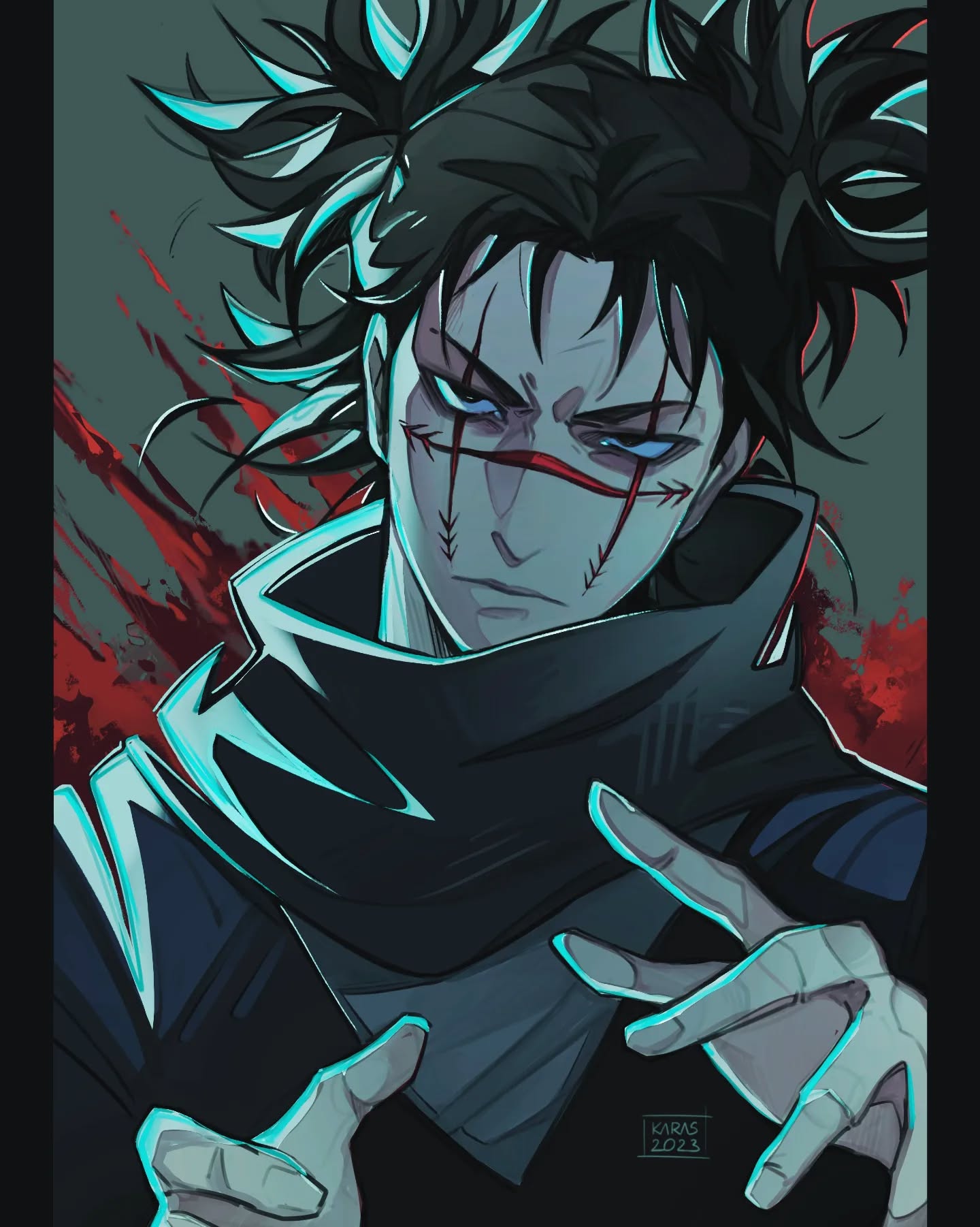 the image is a digital fanart depicting a stylized animestyle male character. he has dark, spiky hair styled in two high buns, a scarred face with teal highlights accentuating the wounds, and piercing blue eyes. he is wearing a dark, highcollared garment that resembles ninja attire, and a dark scarf or neck wrap.  his hands are presented in a dramatic gesture. a blood splatter effect is visible in the background, enhancing the intensity of the scene. the art style is dramatic, with strong contrasts in lighting and color, giving a sense of power and menace.  a small "karas 2023" signature is visible in the bottom center.