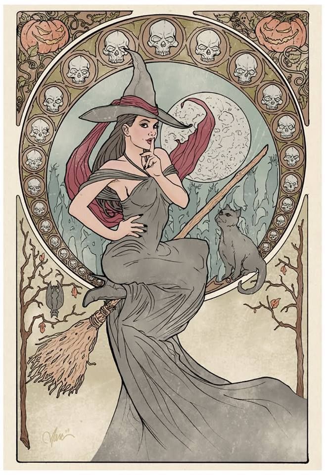 an art nouveaustyle illustration features a witch on a broomstick with a grey cat, a skullandpumpkin frame, and a halloween theme. the witch, wearing a long grey dress and pointed hat, sits on the broomstick with her finger to her lips in a shushing gesture. a grey cat sits next to her. a crescent moon is visible in the background. the image is framed by a circle of skulls and pumpkins. a bat hangs from a tree in the lowerleft corner of the frame.
