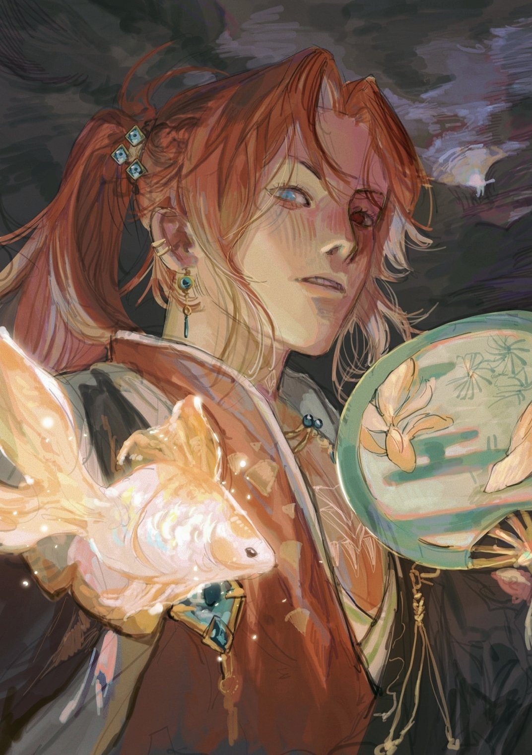 this is a digital illustration of a young man with long red hair and blue eyes. he is wearing a traditional japanese kimono and has a goldfish in his hand. the background is dark and moody, with hints of light in the distance. the overall feeling of the image is mystical and serene.