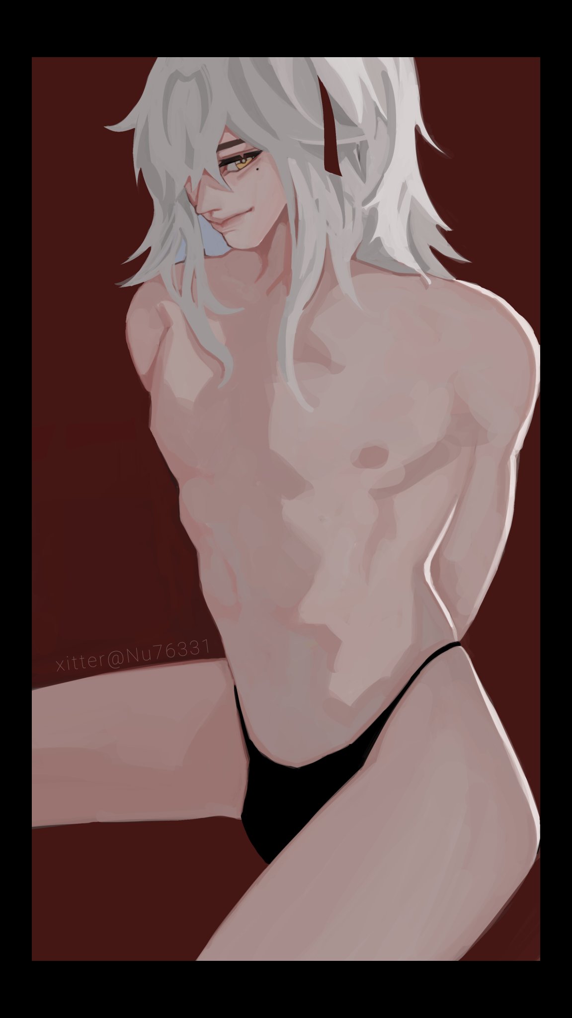 a digital painting of an anime male character with long white hair and red eyes, wearing black underwear. he is sitting with his back to the viewer, and his chest and abs are visible. the background is red. the artwork is drawn in a detailed and realistic style.