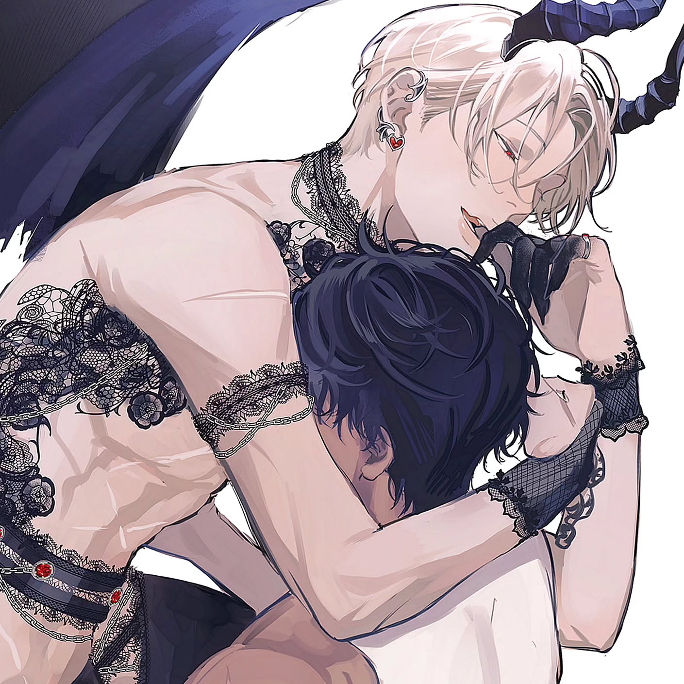 the image is a digital drawing or painting in an anime/manga style, depicting a romantic and intimate scene between two young men. one, with blonde hair and devil horns, is embracing the other, who has dark hair.  both are wearing black lace lingerielike garments with chains and other embellishments. the blondehaired man is partially barechested, and his wings are partially visible. the overall style is dark and sensual, with a focus on the intimate embrace between the two characters.  the background is mostly white, drawing attention to the figures in the foreground. the art style suggests a boys' love (bl) or yaoi context.