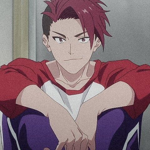 the image is a portrait of a young anime man with short, spiky red hair and purple eyes. he is wearing a red and white shirt with purple pants. he has a confident smirk on his face and his arms are crossed in his lap. the background is a muted greyblue.