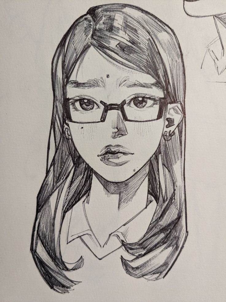 a black and white, stylized portrait sketch of a young woman wearing glasses. she has long, dark hair and is wearing a collared shirt. the sketch is done in a comic book or graphic novel style.