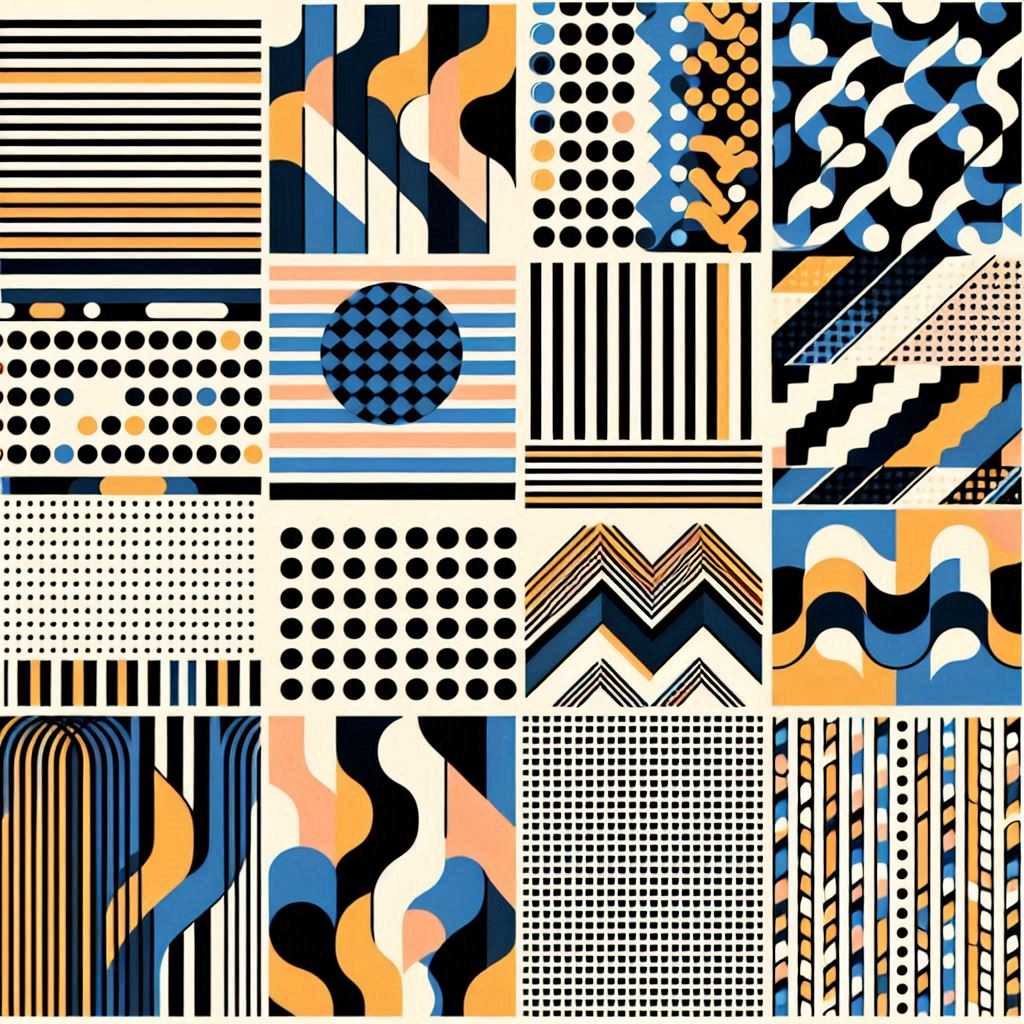 an assortment of geometric patterns in blue, yellow, black and white, arranged in a grid. the patterns include stripes, dots, waves, and checkered designs, creating a vibrant and dynamic composition.