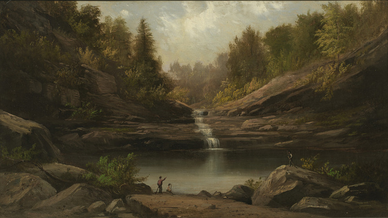 the painting depicts a landscape scene with a waterfall cascading into a creek or river. rocky hills and lush trees surround the water, creating a sense of natural beauty. there are several figures present in the painting, including men and a boy who appear to be engaged in fishing activities. the overall style of the painting suggests a work from the hudson river school, capturing the grandeur of american landscapes during the 19th century.