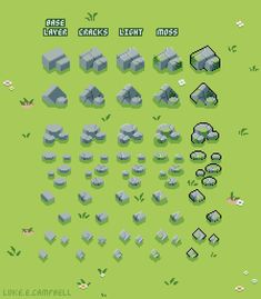 a pixel art tile sheet showing different rock formations for a video game. the image shows a variety of gray rocks with cracks, moss and lighting variations, arranged in a grid on a light green background. the top of the image labels each rock variation, such as base layer, cracks, light and moss.
