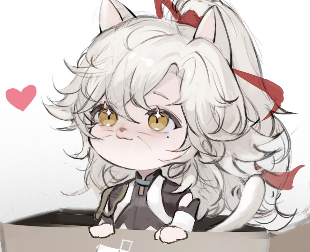 a digital illustration of a cute anime girl with white hair, cat ears, and a red ribbon. she is wearing a white shirt with a dark vest and is peeking out of a box. she is smiling happily and has a red heart behind her. the drawing style is chibi, which is a style of cartooning that makes characters look cute and small.