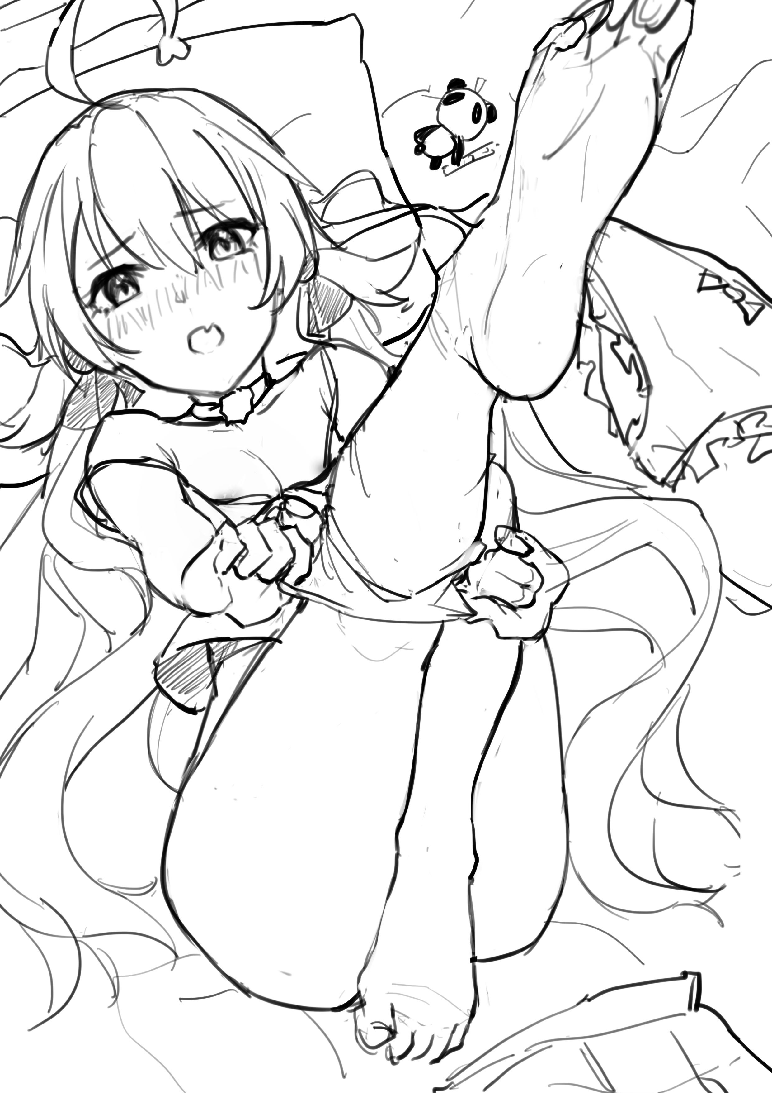 a black and white sketch of an anime girl sitting on a bed. she is playfully pulling at her clothing, revealing a glimpse of her underwear.  she has long hair and is barefoot. a small panda plush is visible on the bed behind her. the style is loose and suggestive, but not explicit. the overall tone is light and playful.