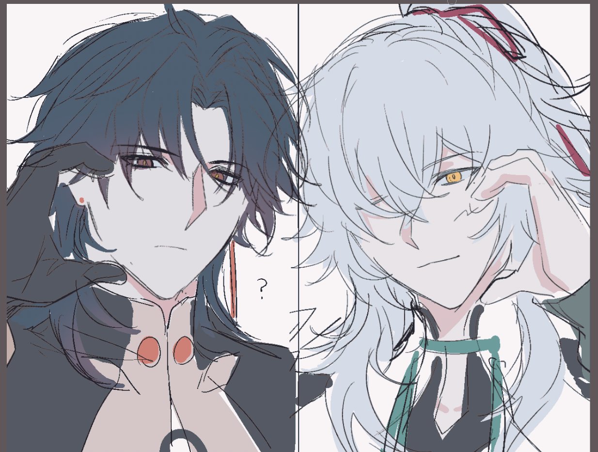 the image is a digital drawing of two anime boys sidebyside. the boy on the left has long, dark hair that falls over his forehead. he is wearing a black jacket and has a serious expression on his face. he has red eyes. the boy on the right has long, white hair and is wearing a white jacket with a green collar. he has yellow eyes and a smoldering look. both characters are drawn in a manga style. the image is welldrawn and detailed. it gives the impression that the two boys are rivals.