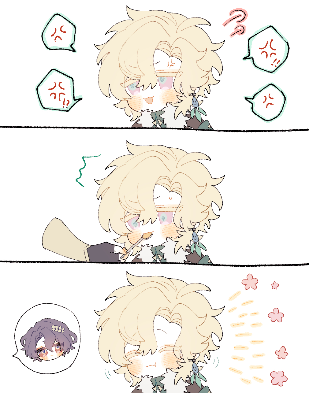 he image is a threepanel comic strip featuring a chibistyle anime boy with blonde hair. the first panel shows the boy looking angry, with thought bubbles indicating his frustration. the second panel shows him eating something happily, with a satisfied expression. the third panel depicts him with a blissful expression, surrounded by yellow sparkles, indicating a positive experience. the style is cute and simple, with soft pastel colors. a small, secondary character is also visible in the third panel.