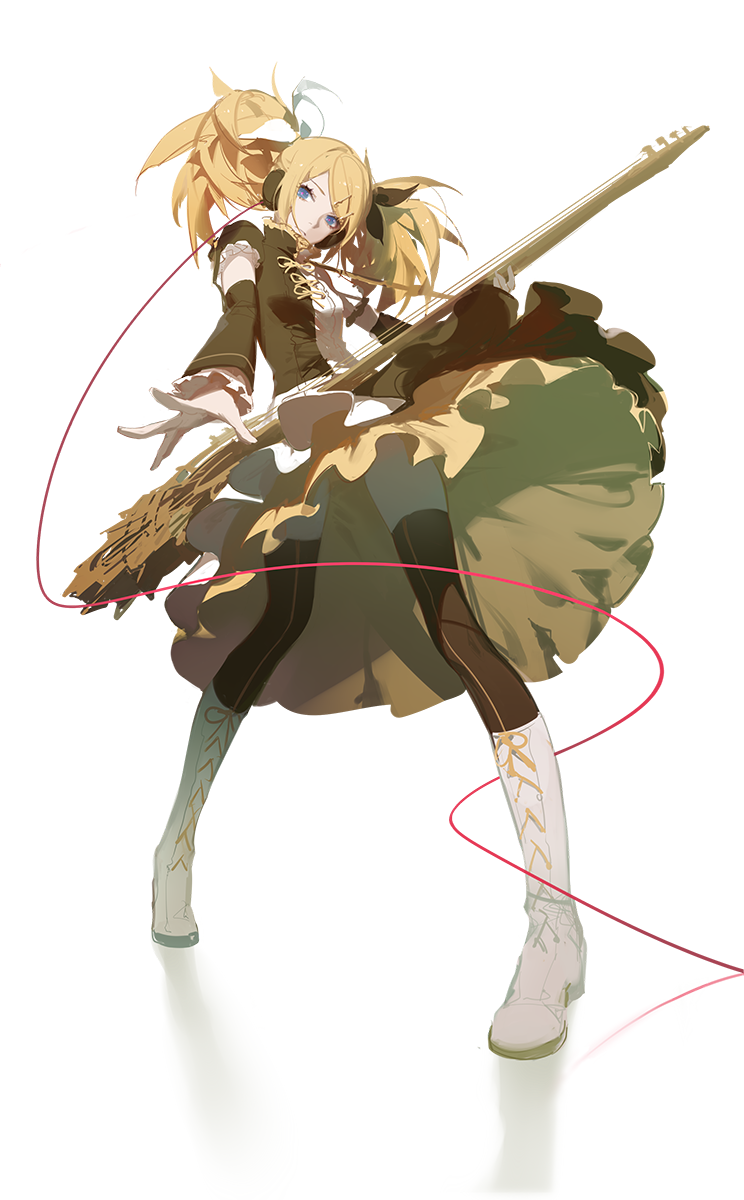 an anime girl with blonde hair is playing a golden guitar. she is wearing a brown dress with a large skirt and white boots with golden accents. a thin red line curves around her body. the background is white.