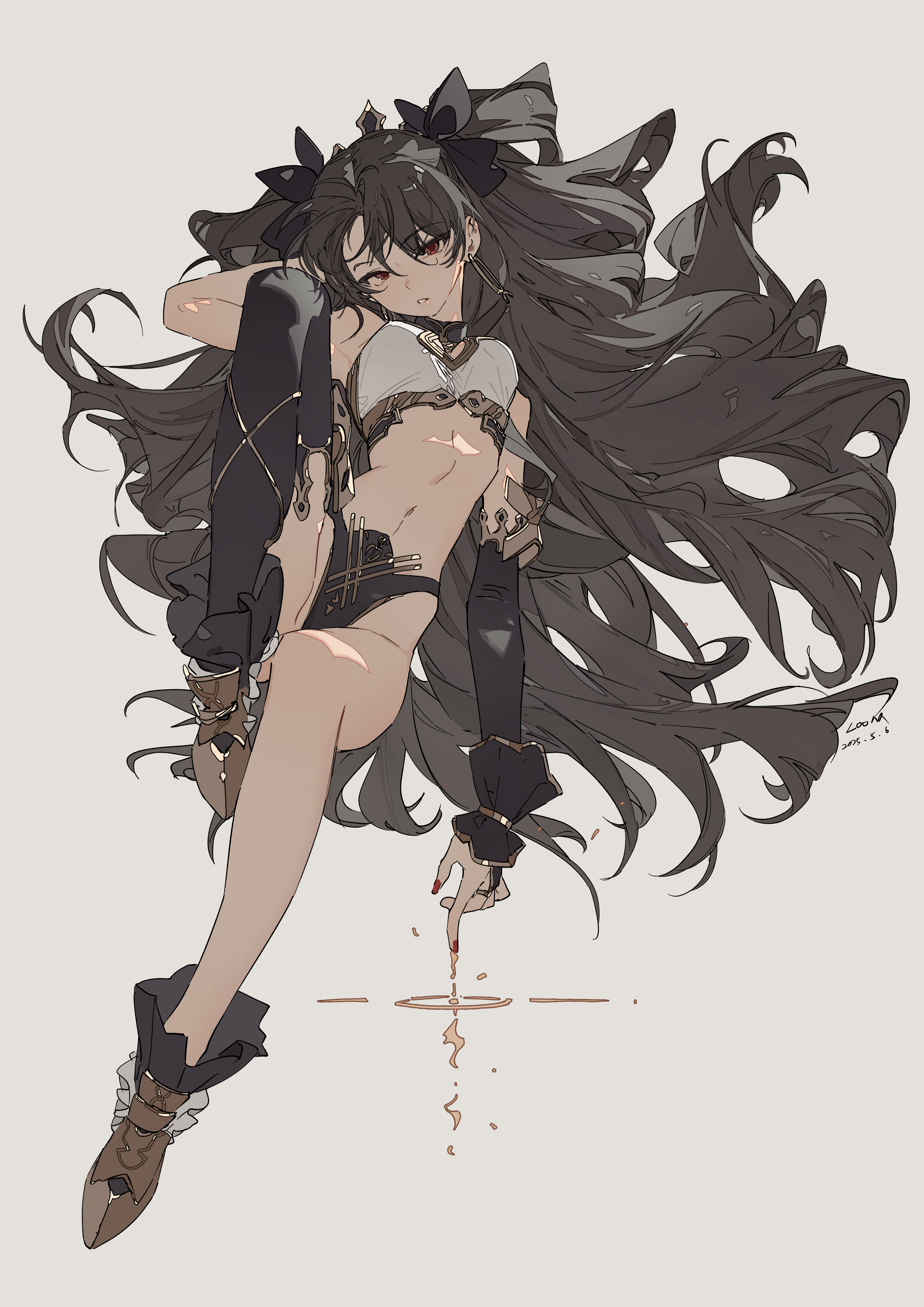 the image depicts a digital art illustration of a female character in anime style, resembling rin tohsaka. she has long, flowing black hair adorned with ribbons, and striking red eyes. the character is wearing a fantasystyle outfit that includes a white top, black bottoms, gloves, and decorative footwear. she is seated in a floating position with one leg extended and the other bent. one hand is raised, with a finger pointed downward towards a glowing magic circle and falling water drops. the background is light and minimalistic, focusing attention on the character and her pose.