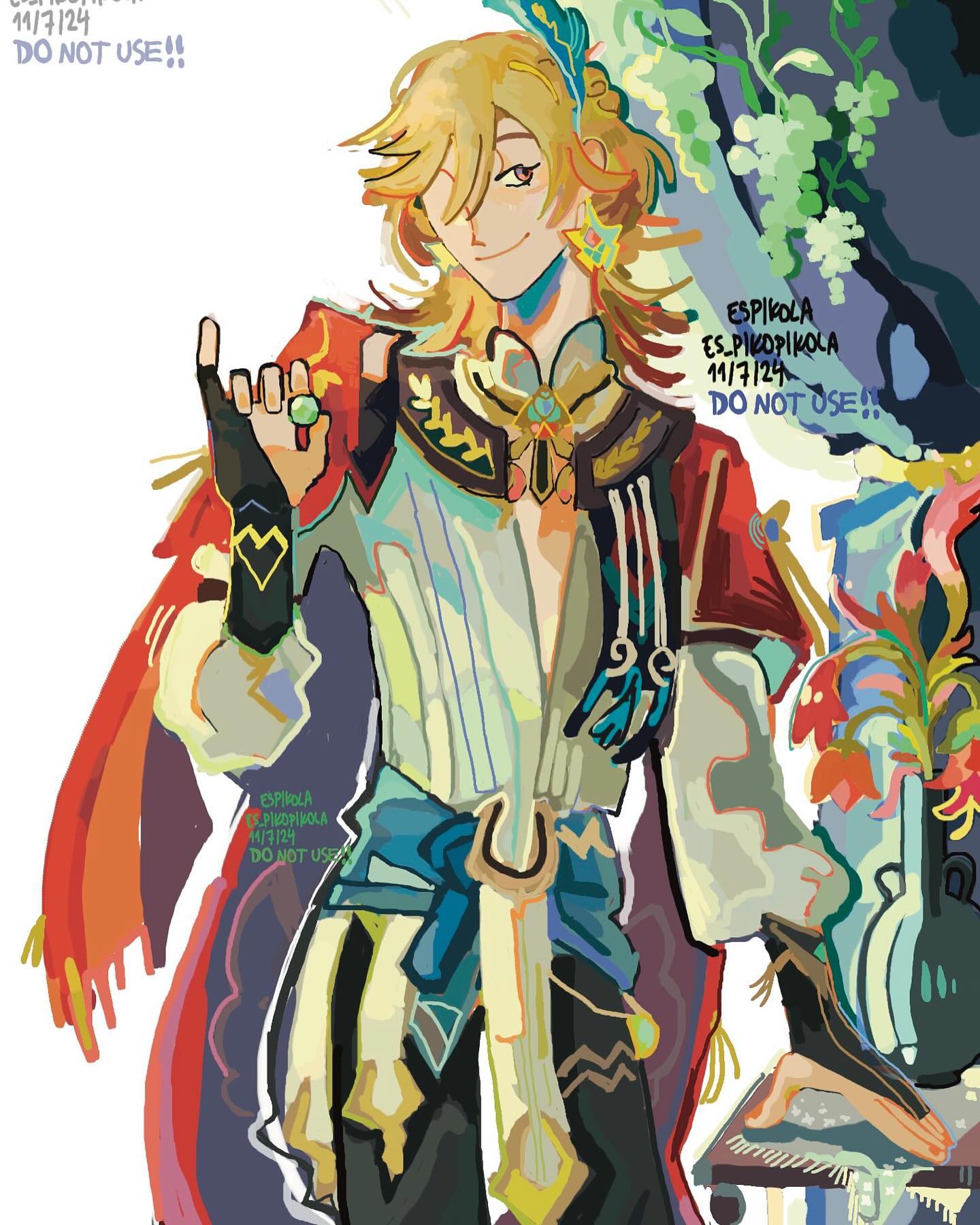 he image is a vibrant digital painting of scaramouche from the game genshin impact. he is depicted in a dynamic pose, wearing elaborate and colorful clothing with intricate details. the art style is animeinspired with a focus on bold colors and expressive lines. the background includes flowers and plants, adding to the overall fantastical and visually striking composition. the artist's watermark is visible in the image.