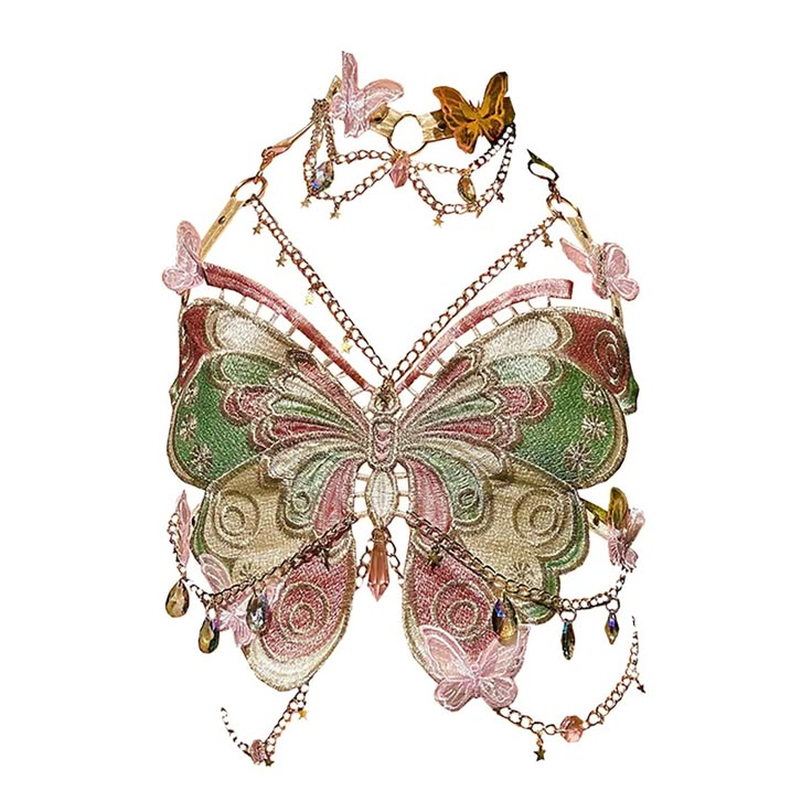 the image shows a butterflyshaped necklace with elaborate embroidery and beaded chains. it also includes a headpiece with butterfly accents.