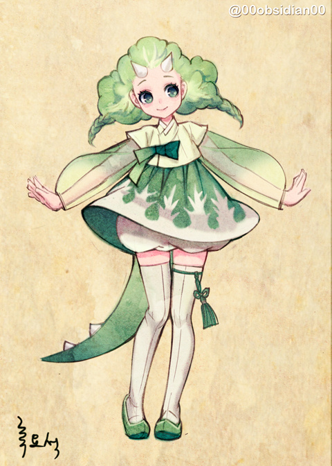 a cute anime girl with green hair and a tail, wearing a white dress with green accents. the girl is drawn in a cartoon style with a whimsical and cute aesthetic. the artwork features a japanese influenced style, with the girl's dress resembling a hanbok, a traditional korean garment. the girl's overall appearance suggests a magical or fantastical element.