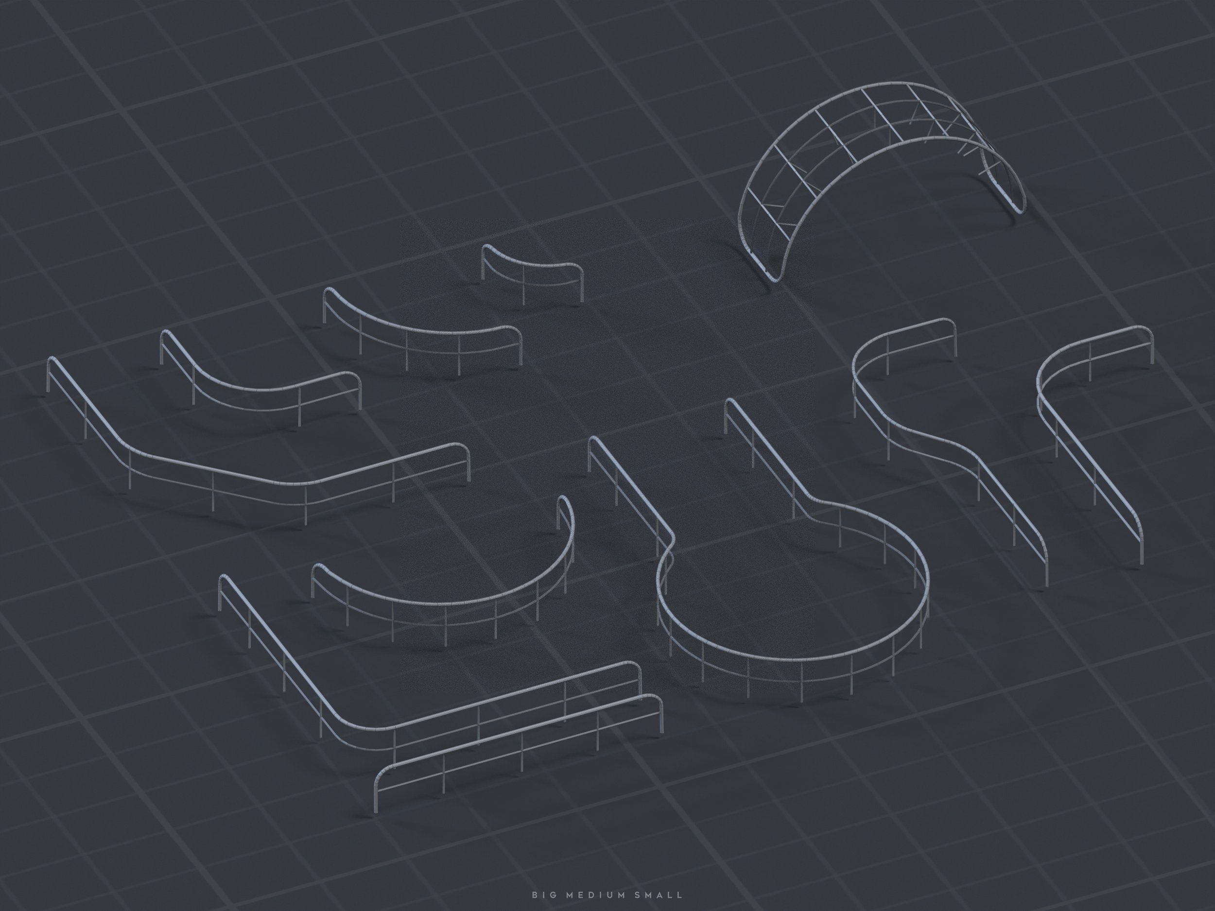 the image is a 3d isometric rendering of various curved metal railings or fences of different sizes (big, medium, small). they are depicted as wireframes against a dark gray grid background.  the design shows several configurations and lengths of the railings, suggesting modular components. the overall style is clean and modern.