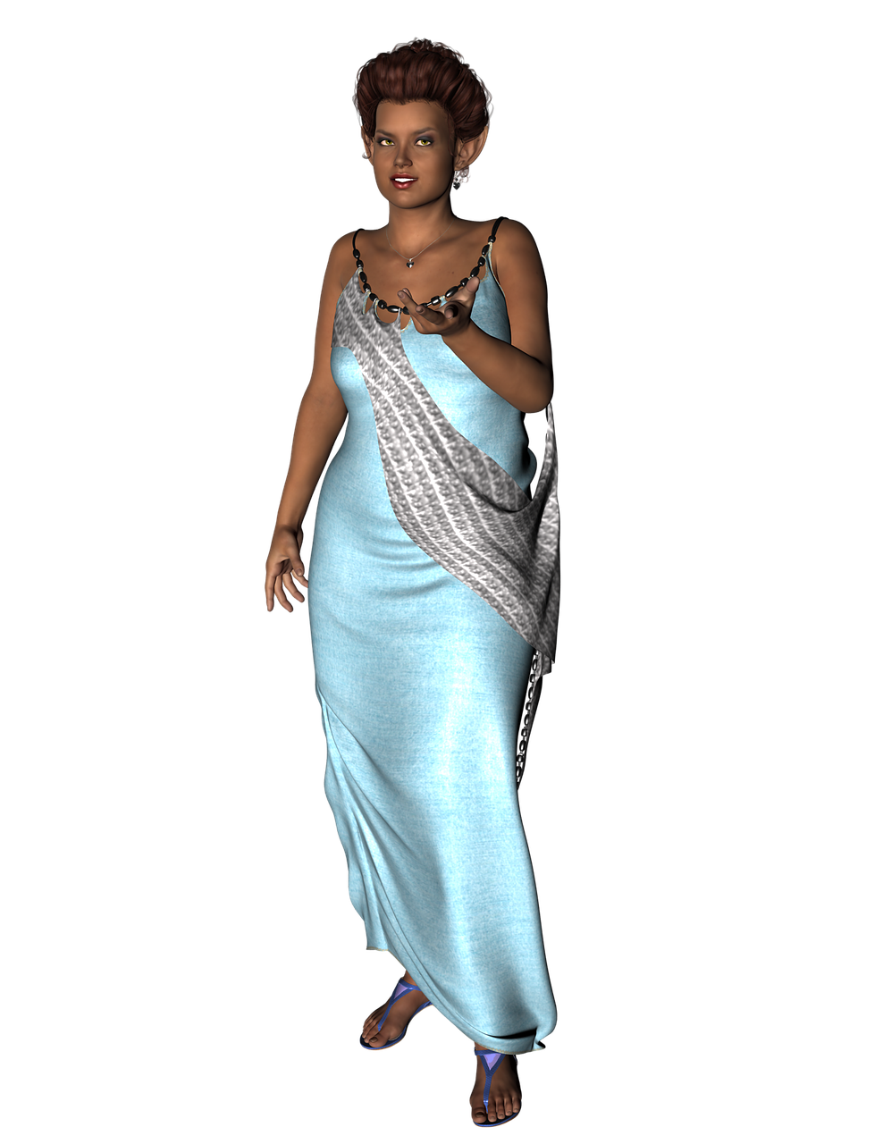 a digital rendering of a woman with elfin ears wearing a blue gown, blue sandals, and jewelry. she is standing on a black background.