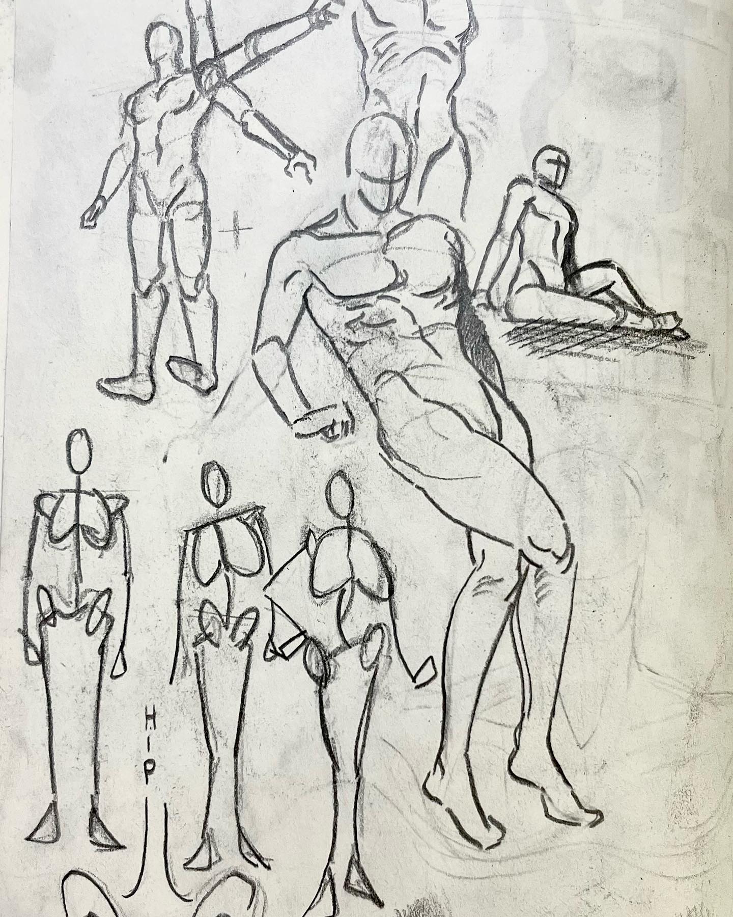 this image showcases a page from a sketchbook filled with pencil sketches of human figures. the drawings focus on anatomical proportions and various poses, suggesting an artist's practice or study session. the figures are depicted in dynamic and static positions, emphasizing muscle structure and form. the use of multiple perspectives adds depth and dimension to the page.  the artist primarily employs simple line work with some shading to define the contours of the bodies.