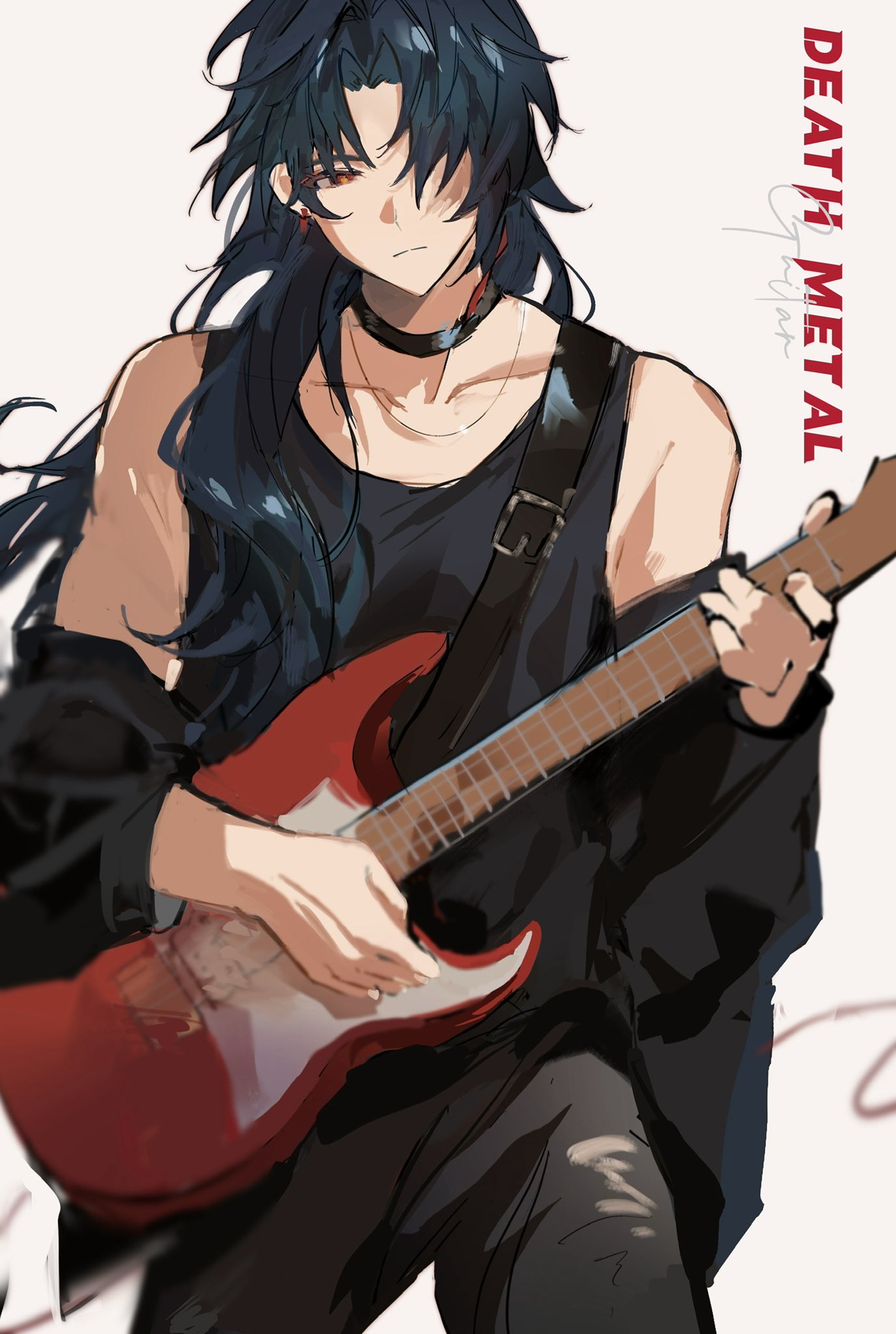 the image features an anime boy playing a red electric guitar. he's wearing a black sleeveless shirt and a black jacket over it. his long black hair flows around him and his expression is intense and focused. he's clearly passionate about his music and the text "death metal" in the background suggests he's a fan of the genre. the image captures the raw energy and power of heavy metal music.