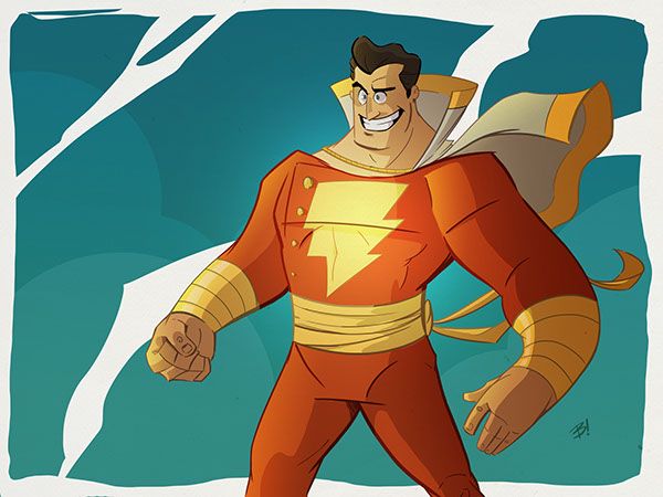 a cartoon image of shazam, a superhero, is shown. he is wearing an orange suit with a lightning bolt on the chest, a cape, and a grin on his face. the background is teal and white.