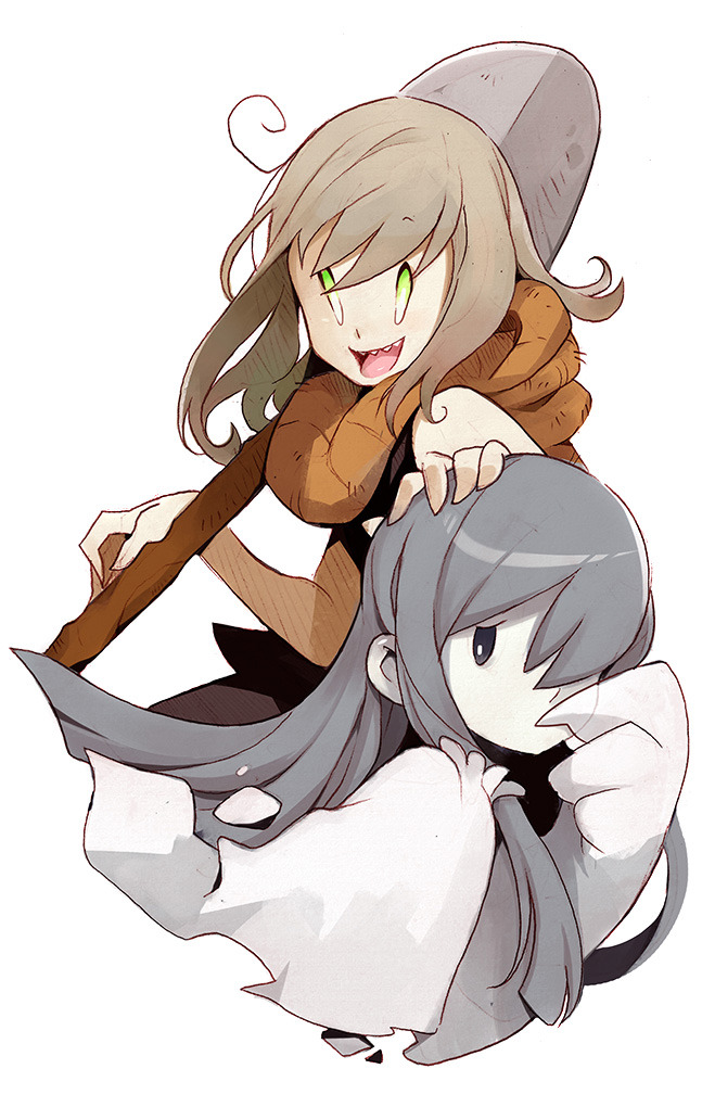 the image showcases a playful interaction between two stylized anime girls. the first girl, with vibrant green eyes and brown hair, grins mischievously while holding a shovel. she playfully rests her hand atop the head of the second girl, who resembles a gentle ghost with flowing gray hair and a serene expression. the art style is soft and whimsical, emphasizing the lighthearted mood of the scene.