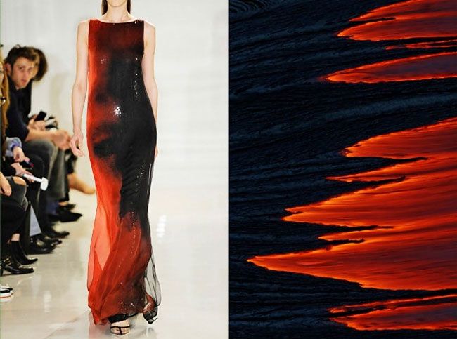 a model walks down a runway in a black and red sequined dress. the dress has a flowing silhouette with a red gradient. the background is a blurred image of a crowd of people watching the show. the image is split in two, showing the model on the left and a closeup of the dress fabric on the right. the fabric has a subtle gradient of red and black, creating a sense of movement and dynamism.