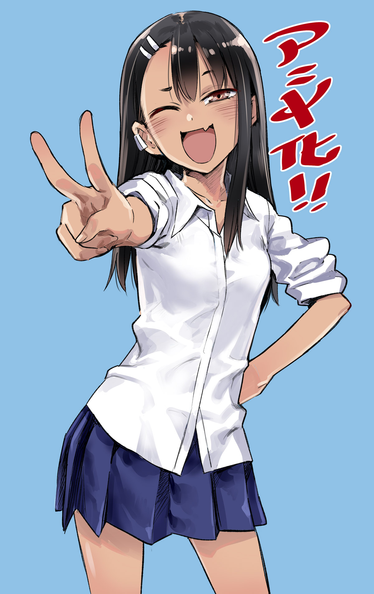 a youthful anime girl exudes infectious energy as she flashes a peace sign and a mischievous wink, her vibrant expression radiating against a soothing blue backdrop. her classic japanese school uniform, featuring a crisp white shirt and a pleated navy skirt, adds to her youthful charm.